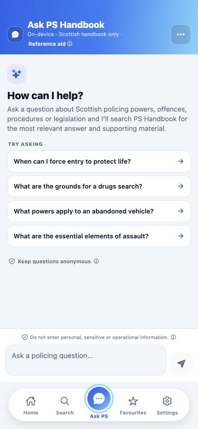 Current Ask PS Handbook screen with suggested questions and privacy guidance