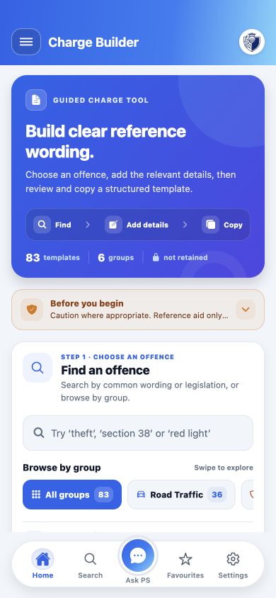 Current PS Handbook Charge Builder showing the guided charge workflow
