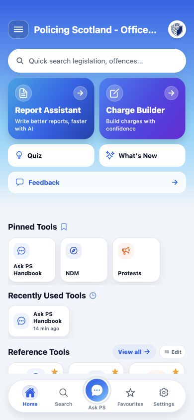 Current PS Handbook home dashboard showing search, signature tools and five-tab navigation
