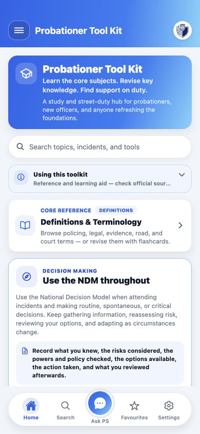 Current PS Handbook Probationer Tool Kit showing core reference and National Decision Model guidance